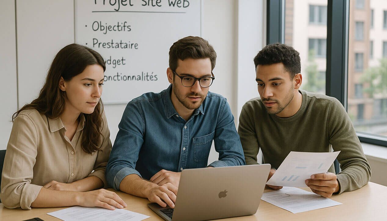 Photo d'une équipe en réunion d'organisation d'un projet de site web