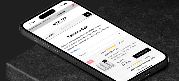Illustration du site Alta Cuir dans un téléphone Illustration du site Alta Cuir dans un téléphone