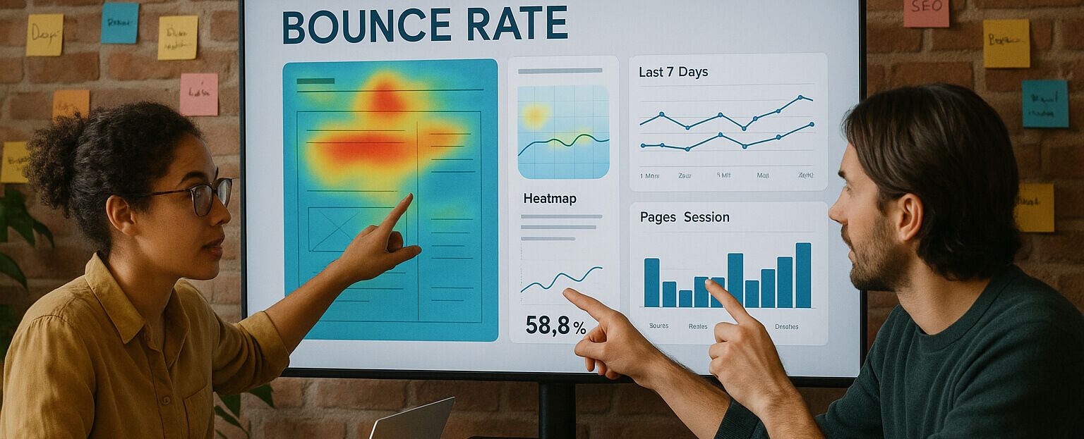 Illustration d'une réunion à propos du taux de rebond d'un site web et d'une heatmap