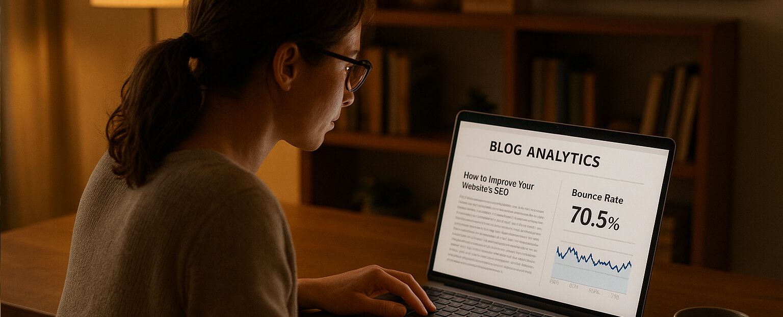 Illustration d'une rédactrice rédigeant un article évoquant le taux de rebond d'un site web