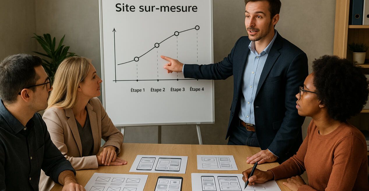 Illustration d'une réunion avec les différentes étapes du développement d'un site sur mesure